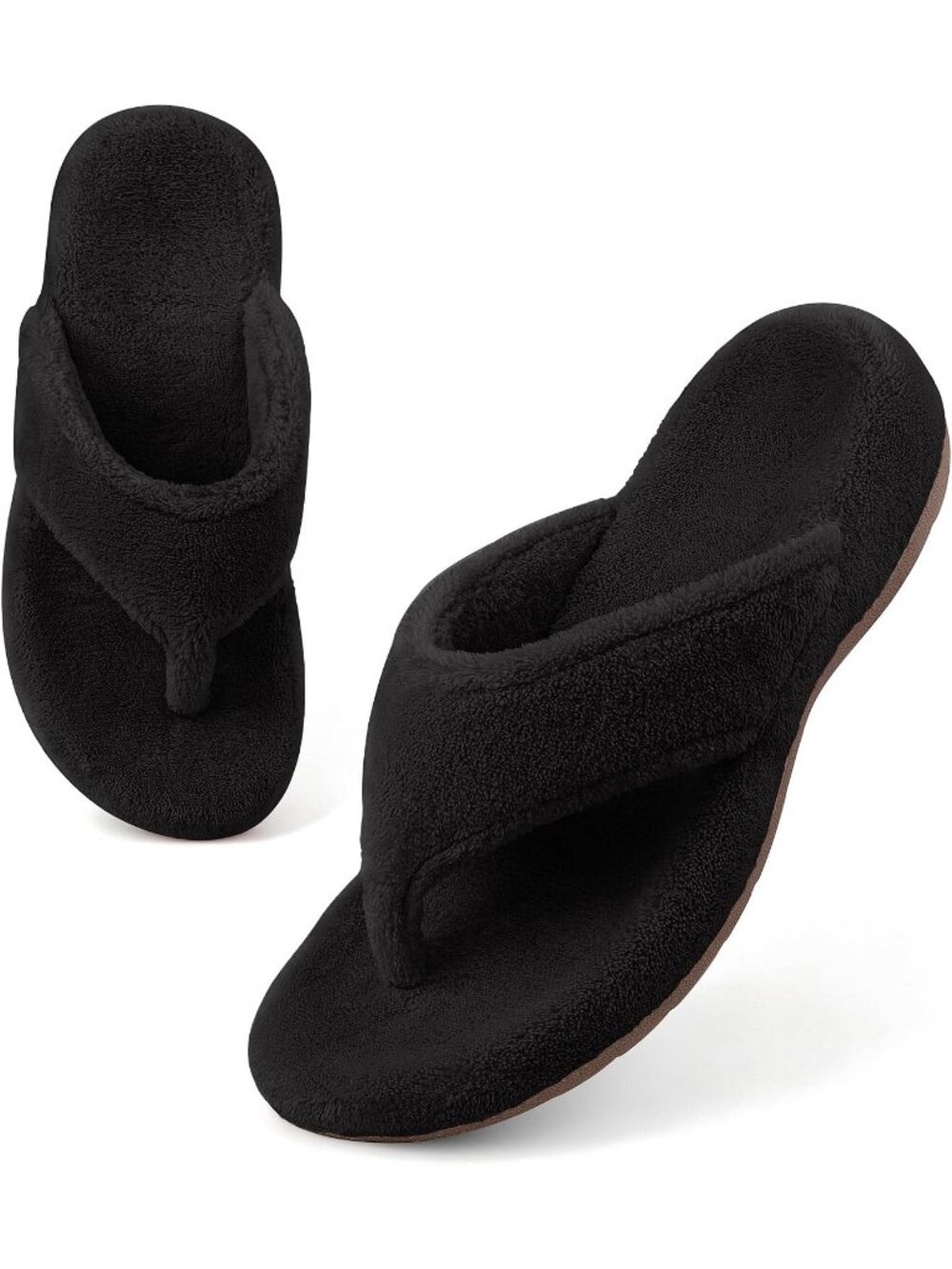 Women's Black Flip Flop Fuzzy Spa Thong Orthotic Open Toe Non-slip Sole Slippers